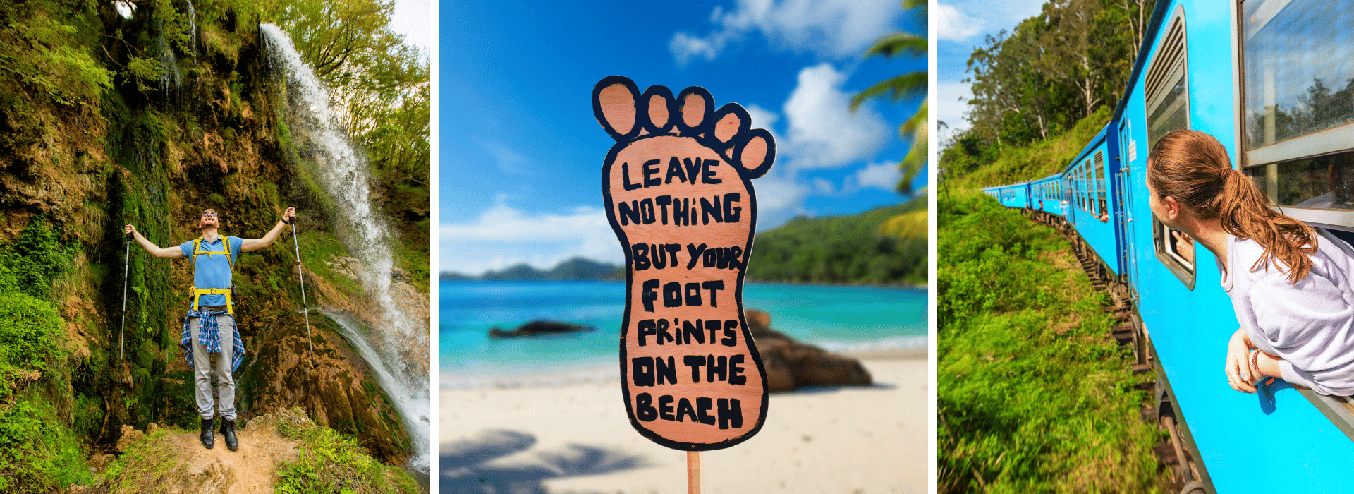 The three photos representing green travel include; a man enjoying nature, a woman on an alternative form of transportation, and a beach sign instructing visitors to leave nothing but their footprints on the beach.